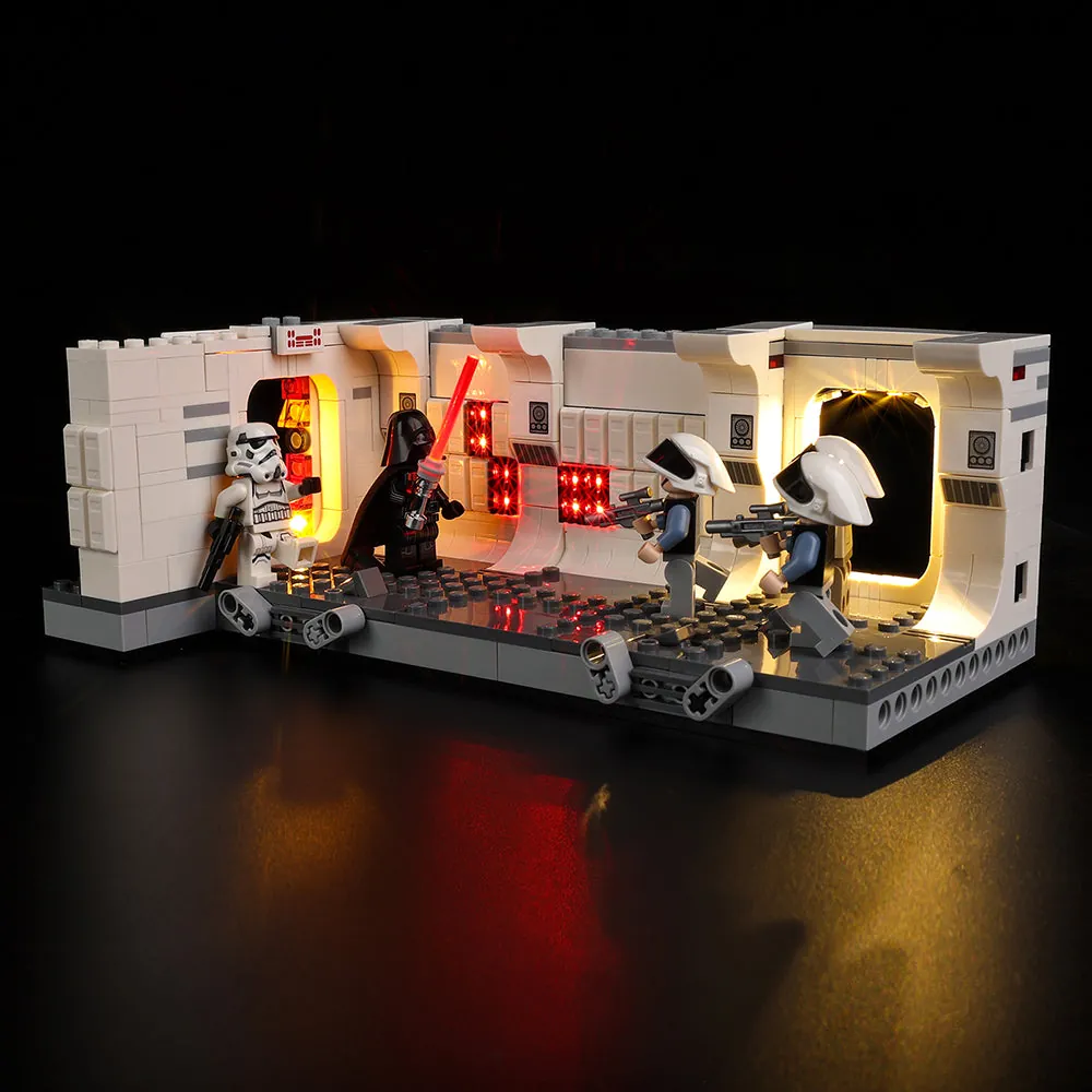 Game of Bricks expansion board LED kit for LEGO 75387 lighting up the corridor and minifigures