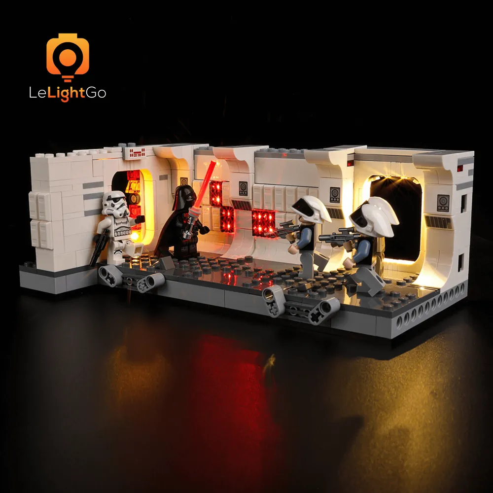 LeLightGo premium micro-LED kit for LEGO 75387 showcasing dynamic lighting on the boarding scene
