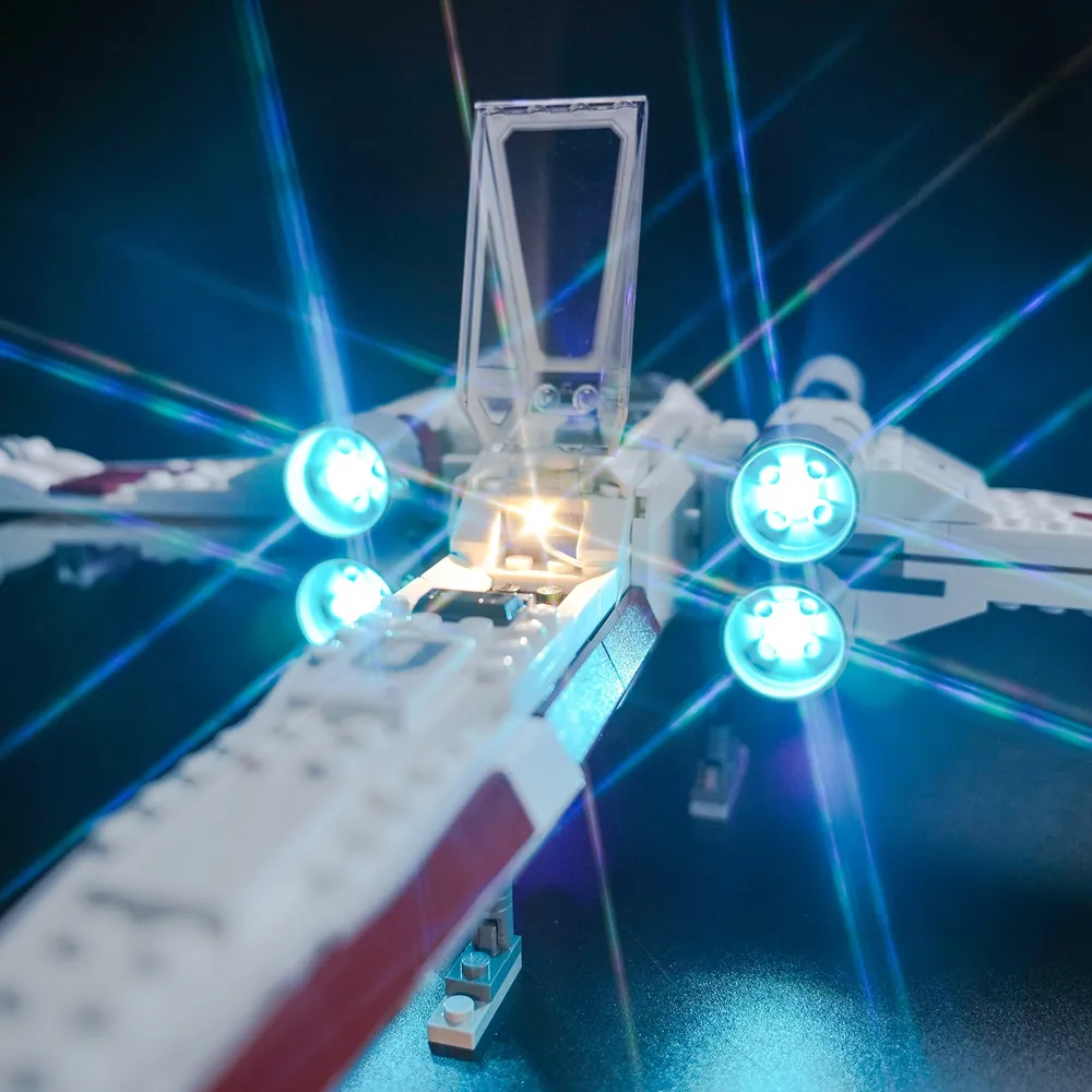 Close-up of BrickBling modular micro-LED wiring on LEGO 75393 X-Wing