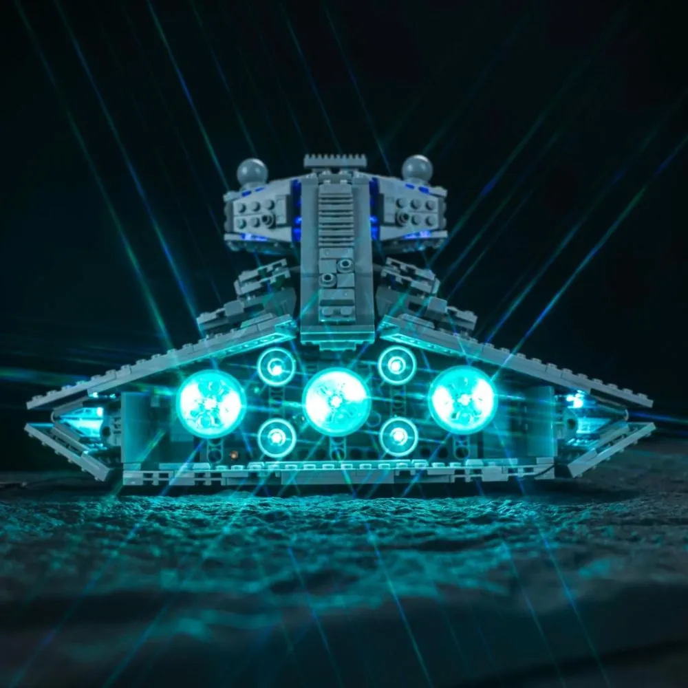 Close-up of BrickBling modular micro-LEDs on the Imperial Star Destroyer command tower