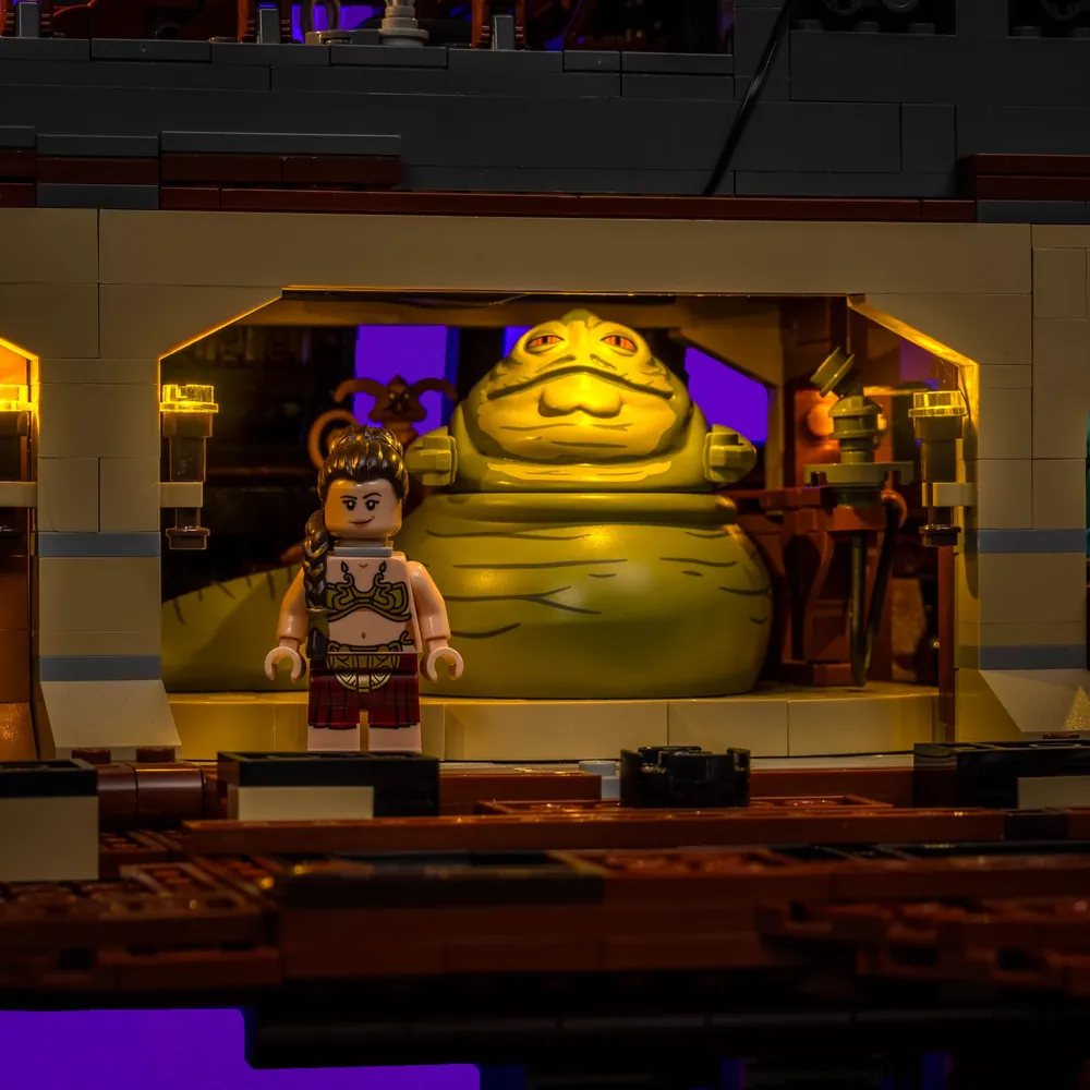 LightMyBricks LED kit lighting the deck and sails of Jabba's Sail Barge