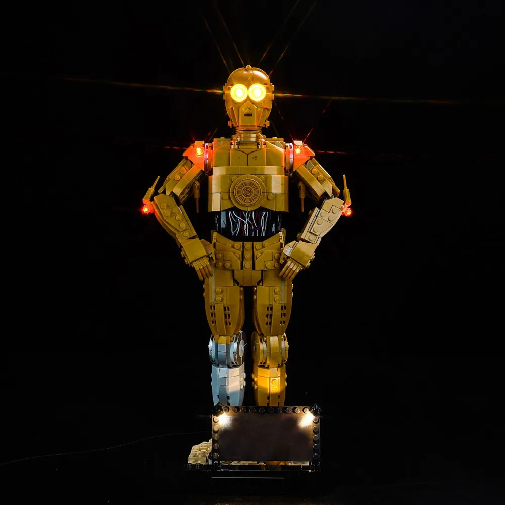 BrickBling LED kit for LEGO C-3PO 75398 with modular micro-LEDs lighting up the torso