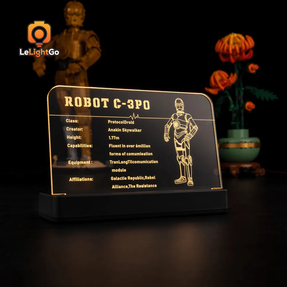 Close-up of LeLightGo LED kit lighting the C-3PO display plaque