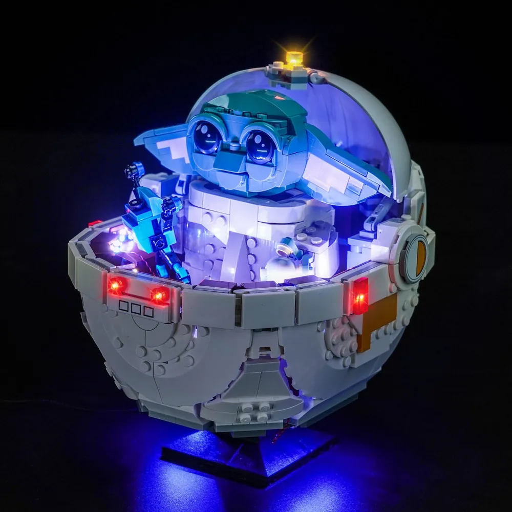 BrickBling light kit for LEGO Grogu 75403 showing illuminated pram and figure