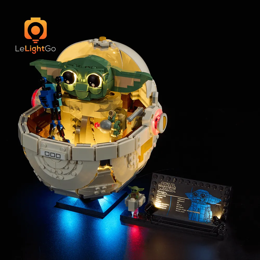 LEGO Grogu 75403 with LeLightGo lights in a dim room