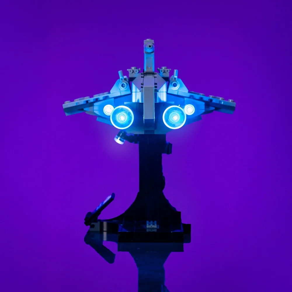 Displayed Acclamator with all LED zones lit, showcasing greebling