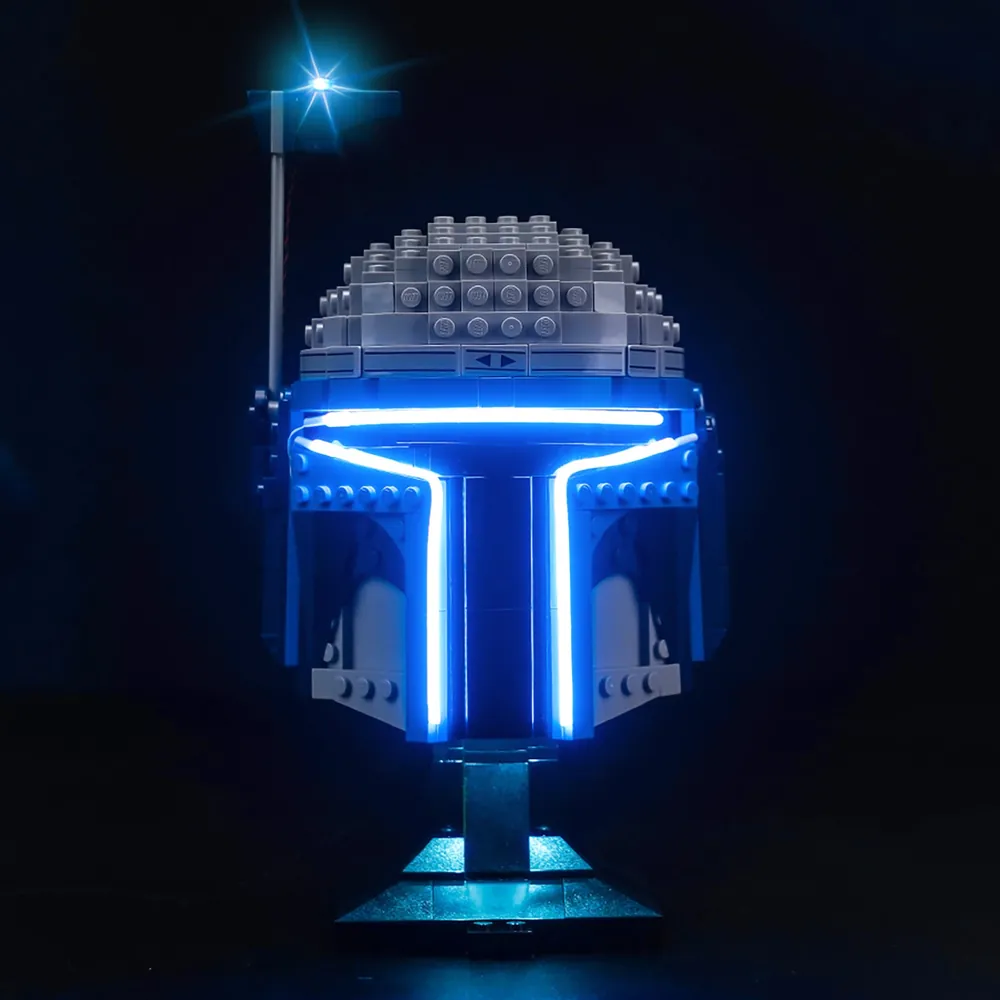 BrickBling Jango Fett Helmet light kit illuminating blue visor on LEGO 75408