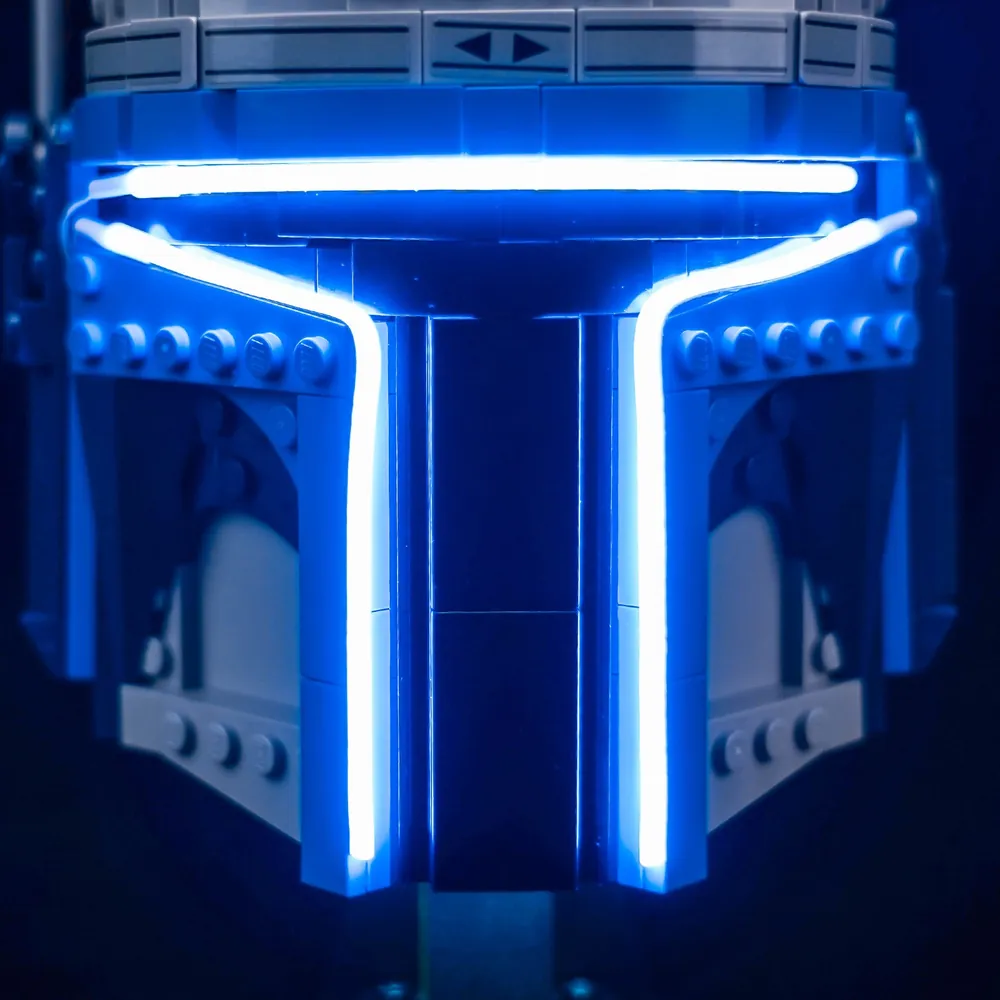 Close-up of modular micro-LEDs on Jango Fett Helmet with BrickBling lighting