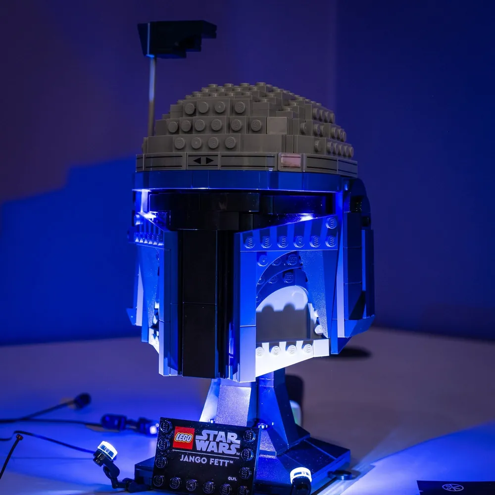Light My Bricks premium lighting on LEGO Jango Fett Helmet showing deep blue glow