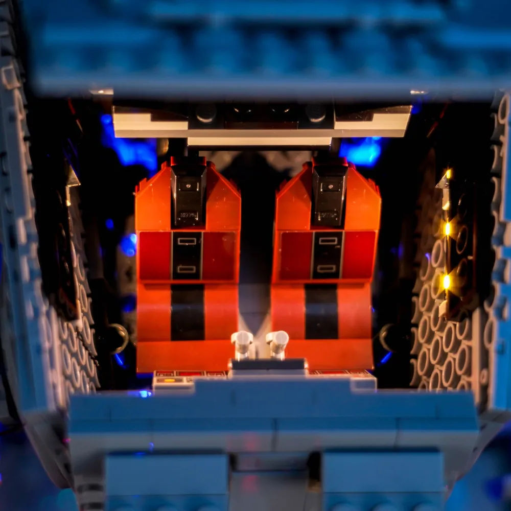 Close-up of BrickBling modular micro-LEDs installed on LEGO AT-ST