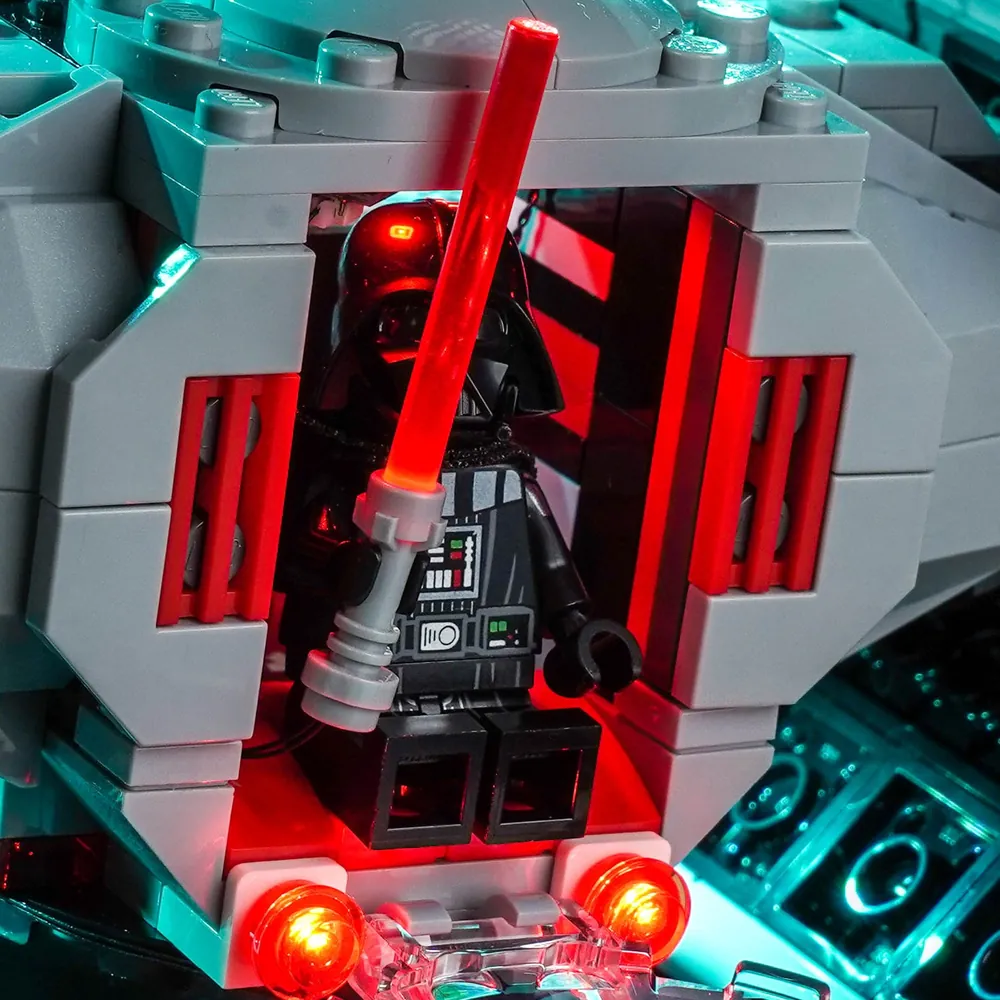 Close-up of the BrickBling micro-LEDs highlighting the TIE Fighter's intricate greebling and laser details