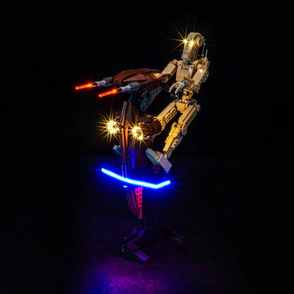 BrickBling LED kit for LEGO 75428 Battle Droid with STAP showing glowing head sensor and engine lights