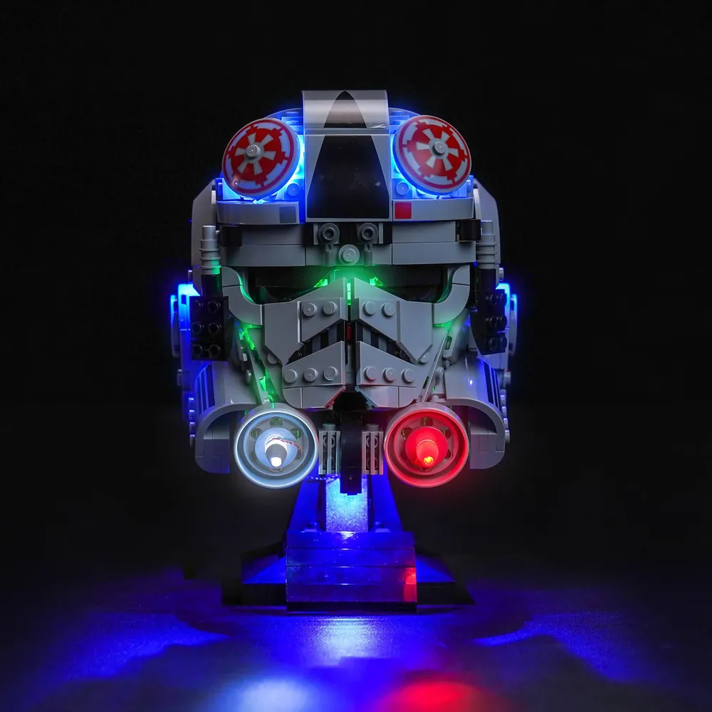 BrickBling LED light kit installed on LEGO AT-AT Driver Helmet 75429, highlighting the faceplate and side details