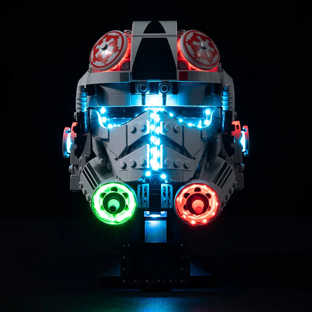 Game of Bricks LED kit on LEGO AT-AT Driver Helmet 75429, featuring modular expansion board wiring