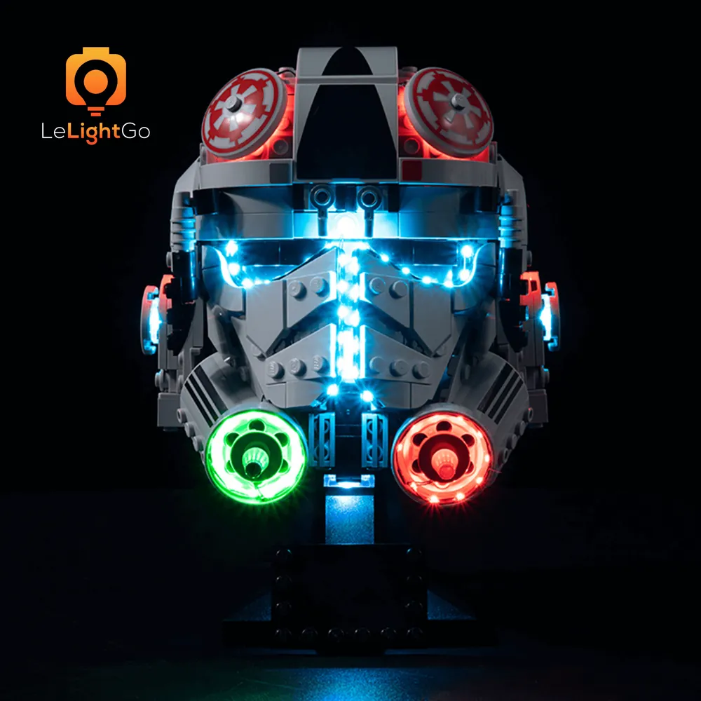LeLightGo lighting kit glowing on LEGO AT-AT Driver Helmet 75429, showing subtle micro-LEDs