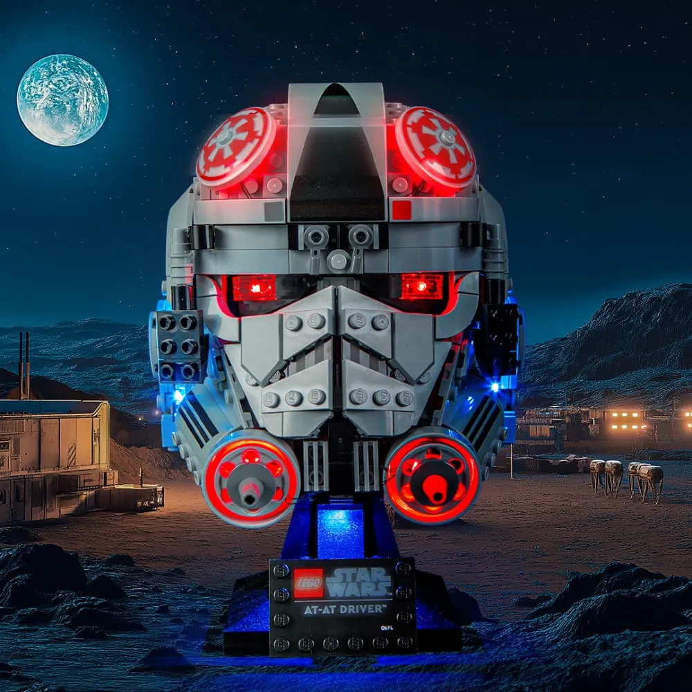 Lightailing LED harness on LEGO AT-AT Driver Helmet 75429, with thicker wires visible