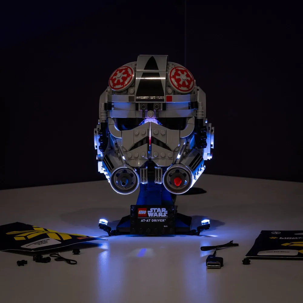 LightMyBricks DIY light bundle on LEGO AT-AT Driver Helmet 75429, focusing on visor glow