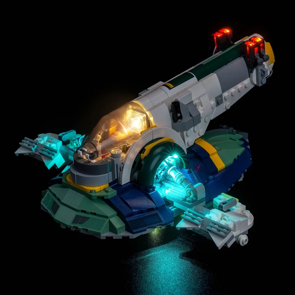 BrickBling LED kit lighting up the cockpit and engines of LEGO Jango Fett's Starship 75433