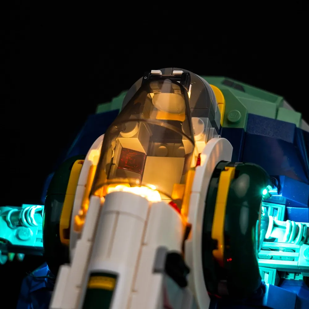 Close-up of modular micro-LED wires and connectors on LEGO Jango Fett's Starship
