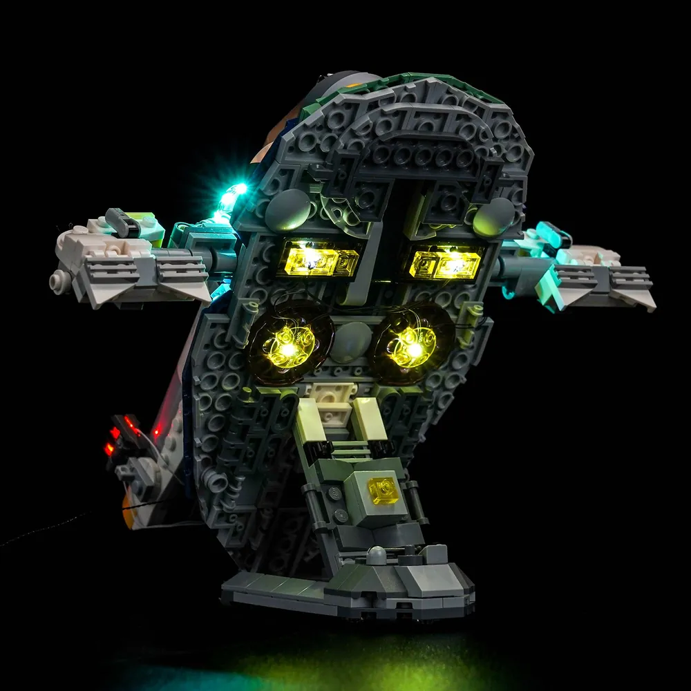 Display-ready LEGO 75433 with BrickBling lights glowing from the landing skids