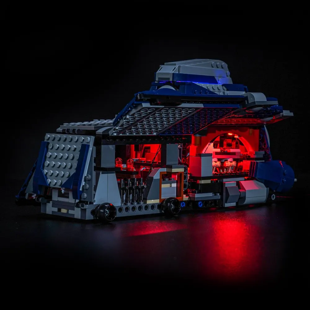 BrickBling modular LED kit lighting the LEGO Star Wars Separatist MTT 75435 droid rack and interior