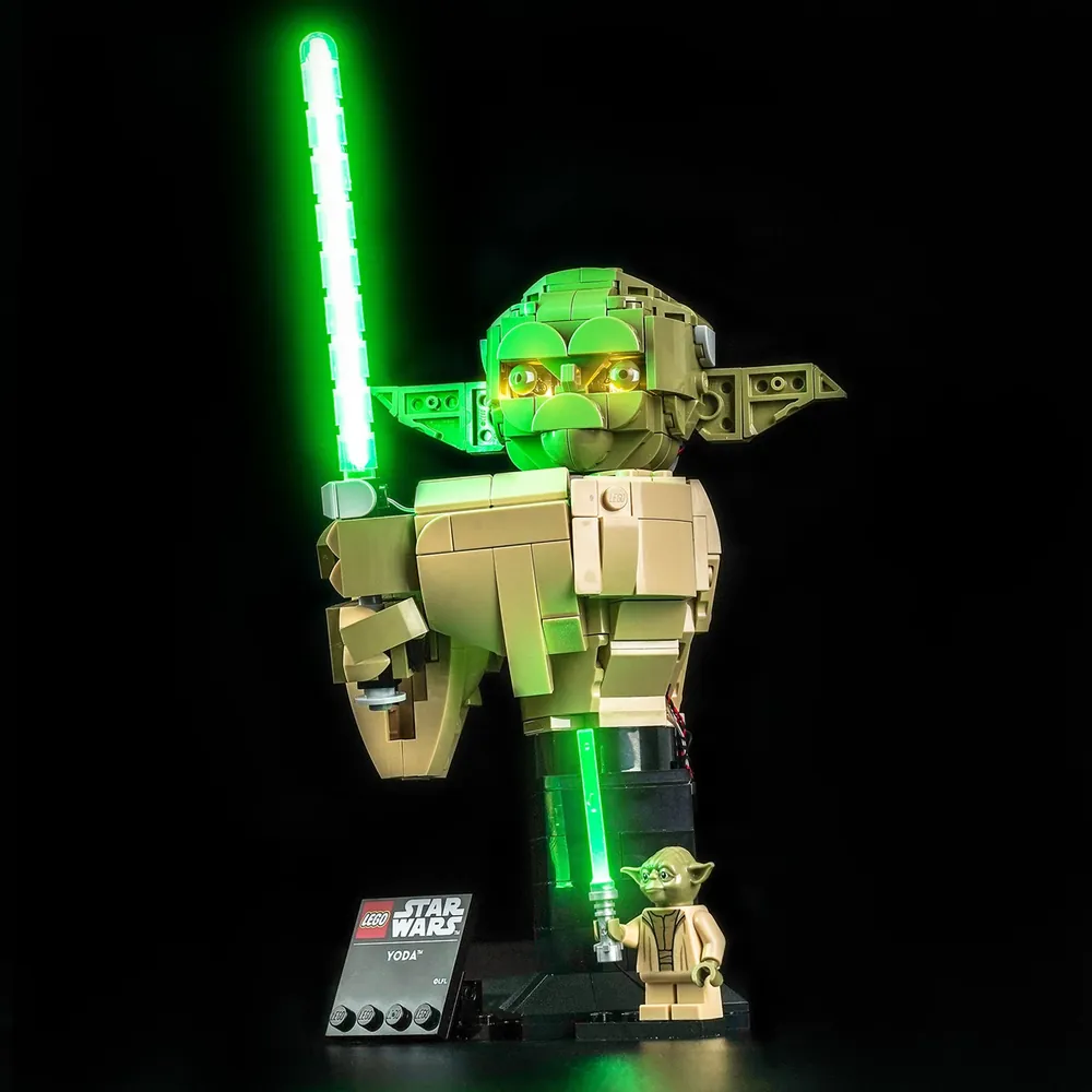 BrickBling light kit for LEGO Yoda Bust 75438 showing green LED glow