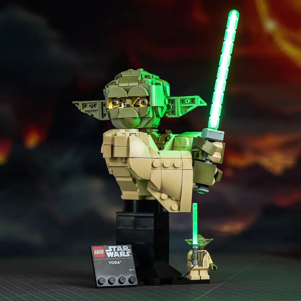 BrickBling illuminated Yoda bust in dark room