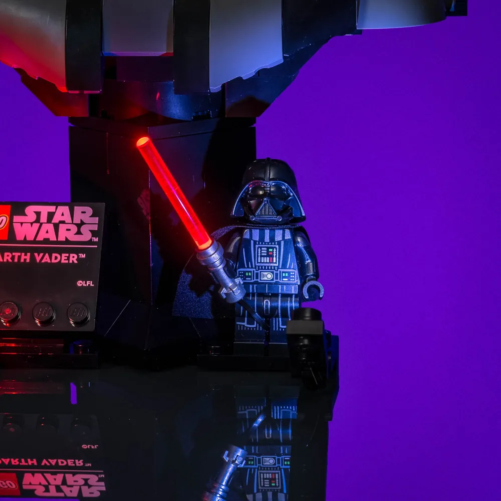 Close-up of LightMyBricks lighting on Darth Vader Bust 75439