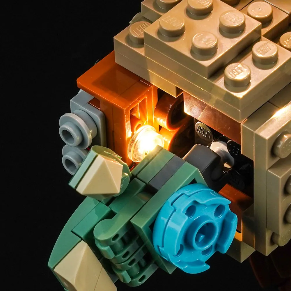 Close-up of BrickBling LEDs on Grogu's face and robes