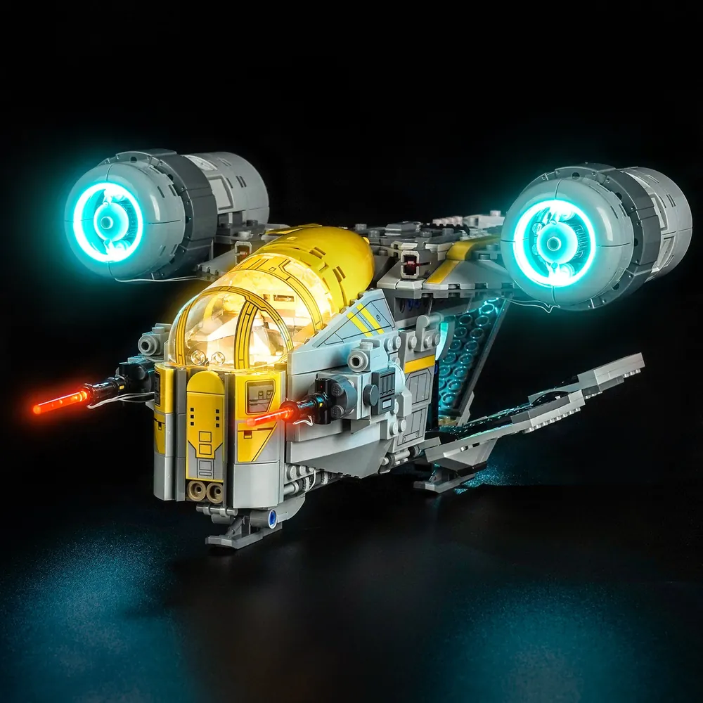 BrickBling light kit for LEGO Star Wars The Razor Crest 75447 illuminating the ship's engines and cockpit