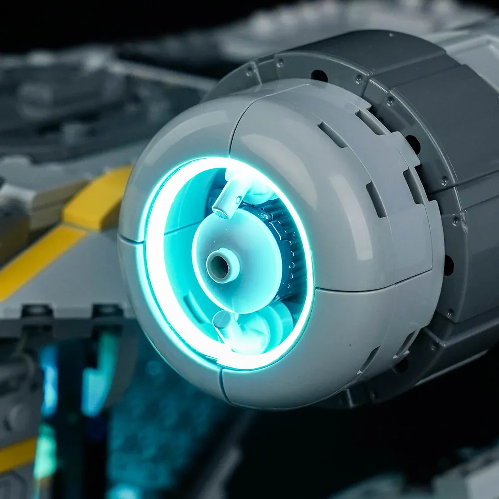 Close-up of BrickBling's modular micro-LEDs installed on The Razor Crest's hull