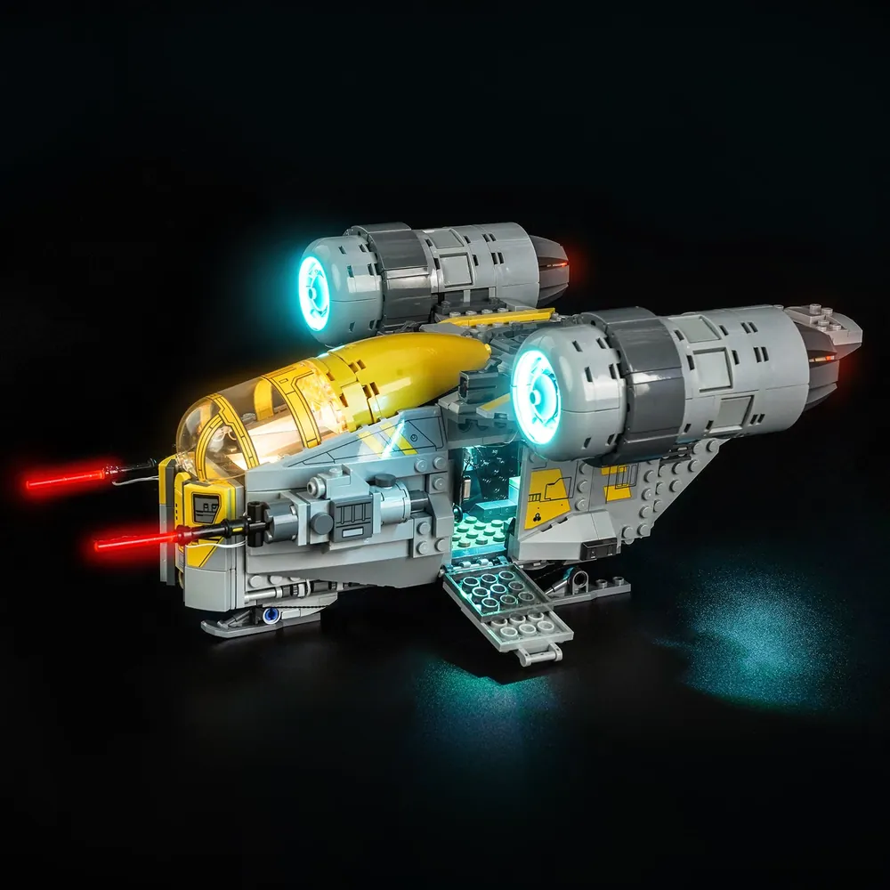 The Razor Crest with BrickBling remote control variant, showing lighting modes