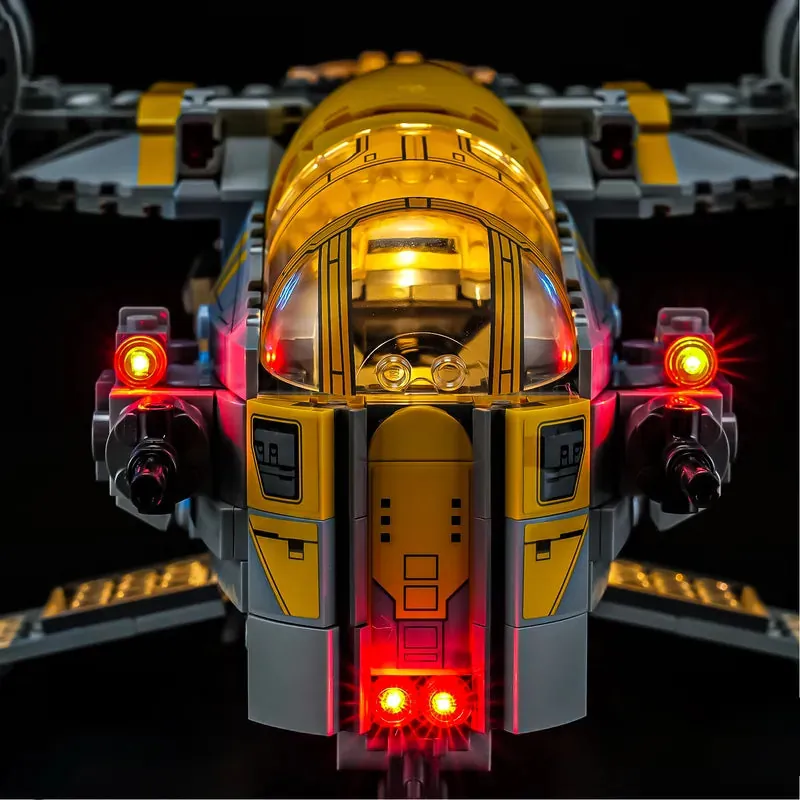 The Razor Crest's cockpit and ion thrusters lit by Lightailing's integrated lights