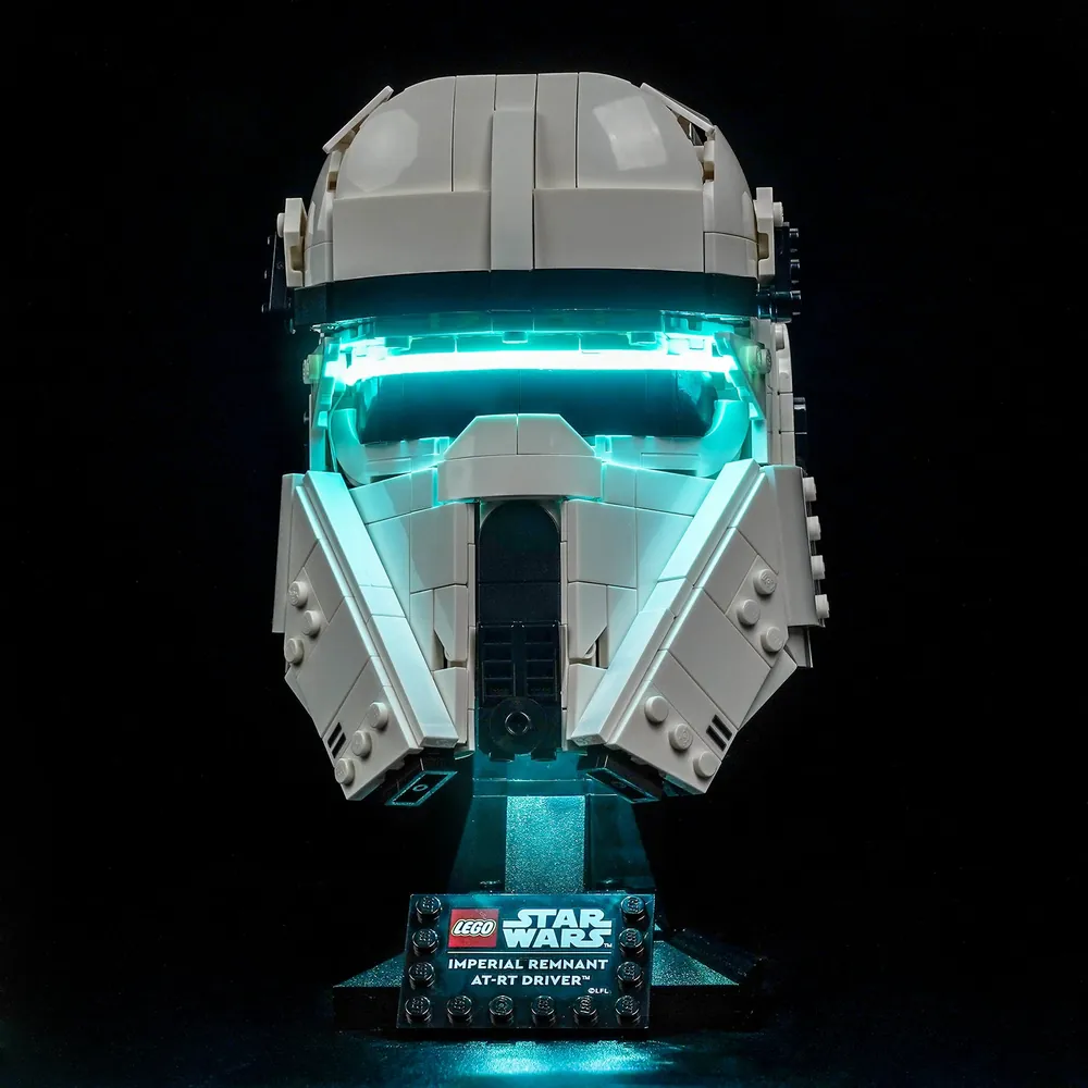 BrickBling LED kit lighting the white and tan armor of the LEGO Imperial Remnant AT-RT Driver Helmet 75458 on a display shelf