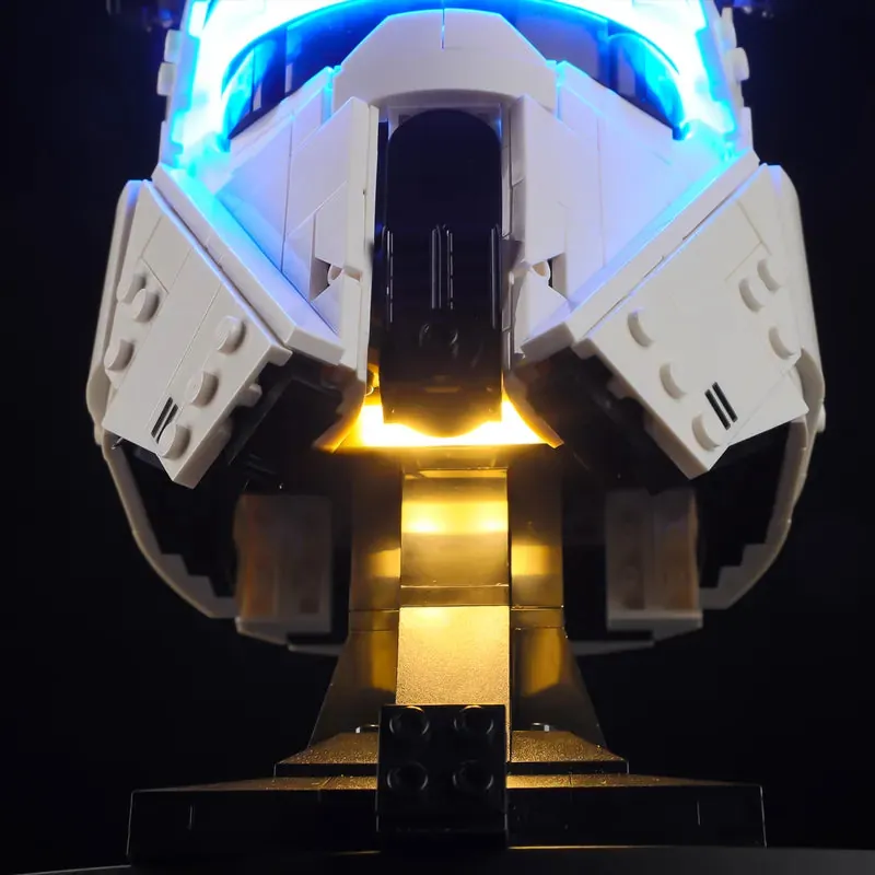 LEGO Star Wars AT-RT Driver Helmet 75458 glowing visor with Briksmax 2.0 light kit in a dark room