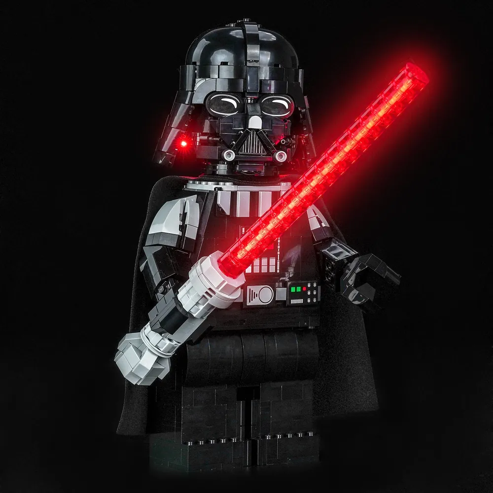 BrickBling LED kit lighting the lightsaber and chest panel of LEGO Up-Scaled Darth Vader Minifigure 75461