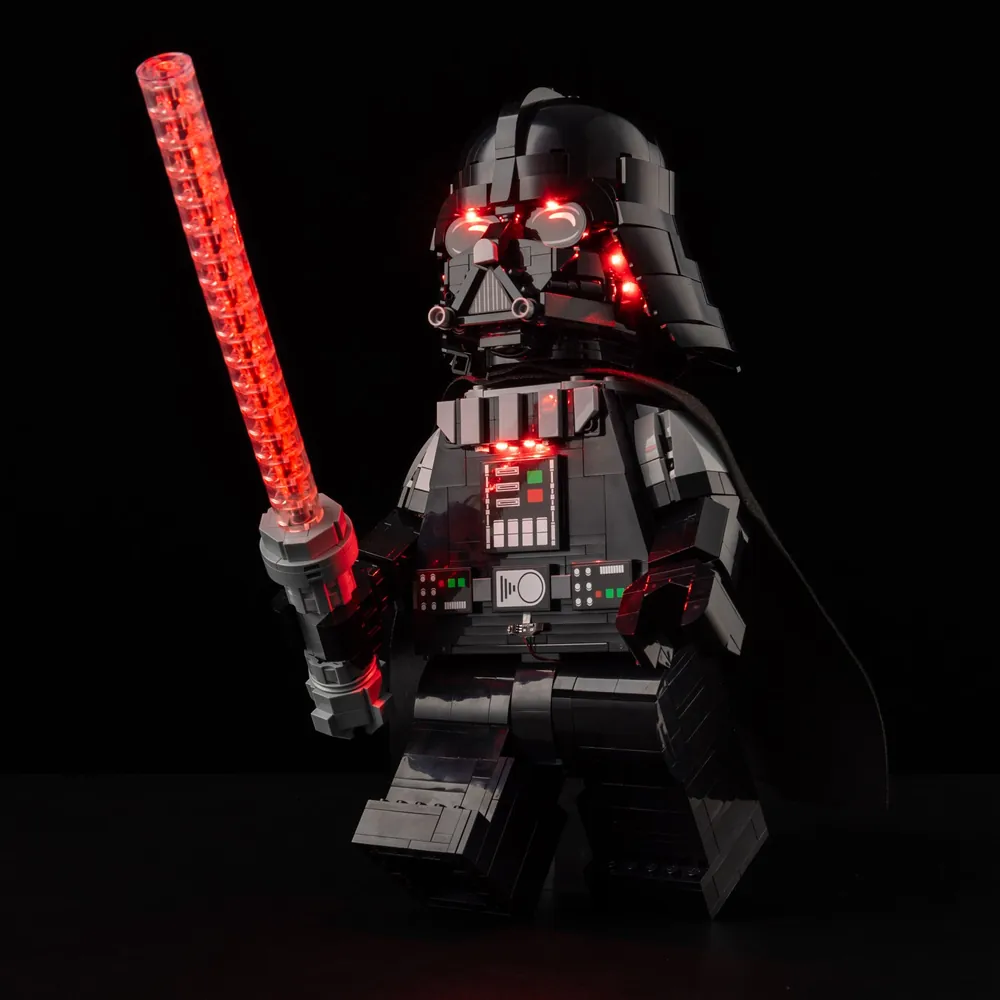 Game of Bricks LED kit lighting the saber, chest, and base of LEGO Up-Scaled Darth Vader Minifigure 75461