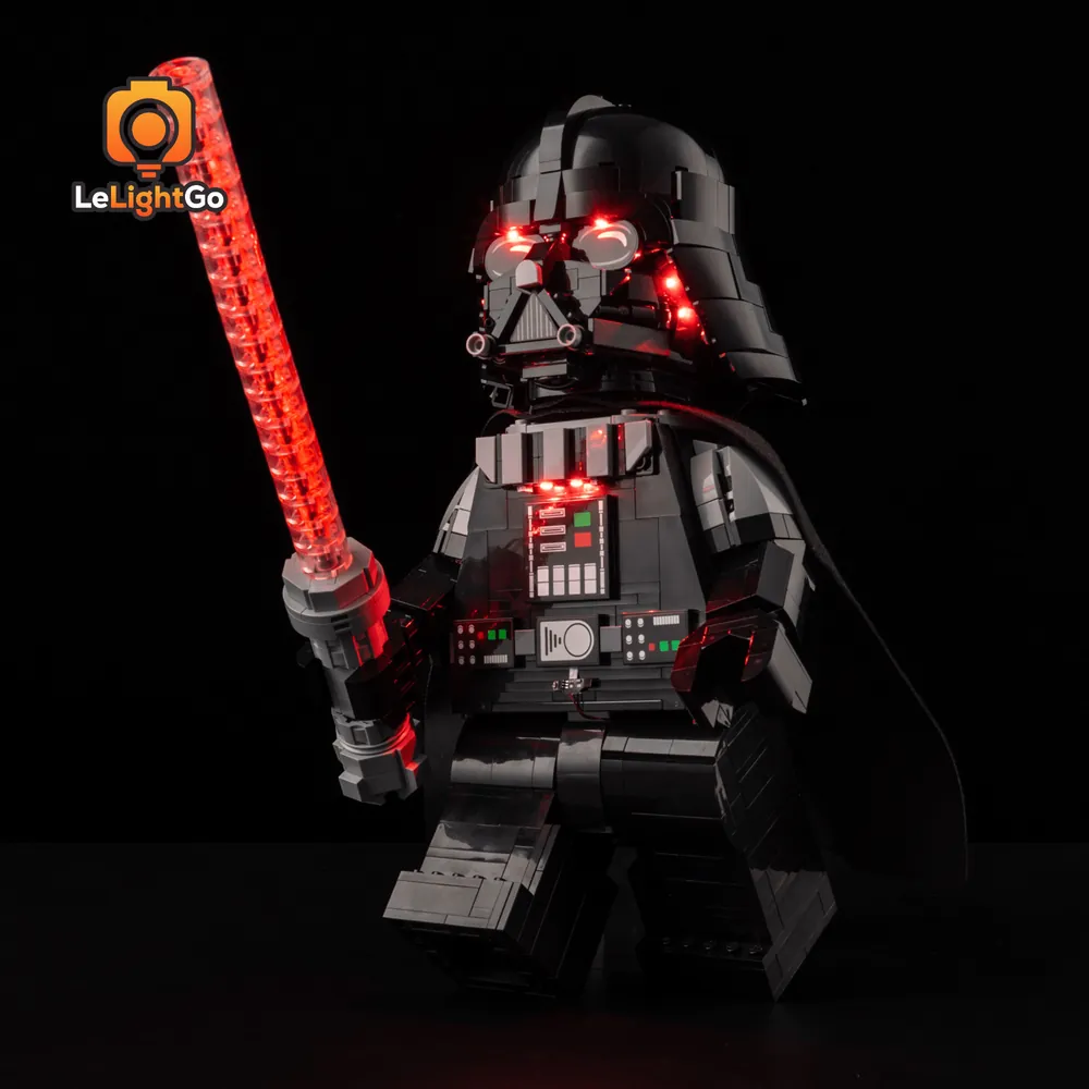 LeLightGo LED kit lighting the saber and chest of LEGO Up-Scaled Darth Vader Minifigure 75461