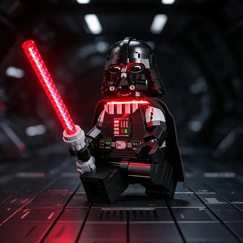 Lightailing LED kit lighting the saber and chest of LEGO Up-Scaled Darth Vader Minifigure 75461 with a pre-soldered harness