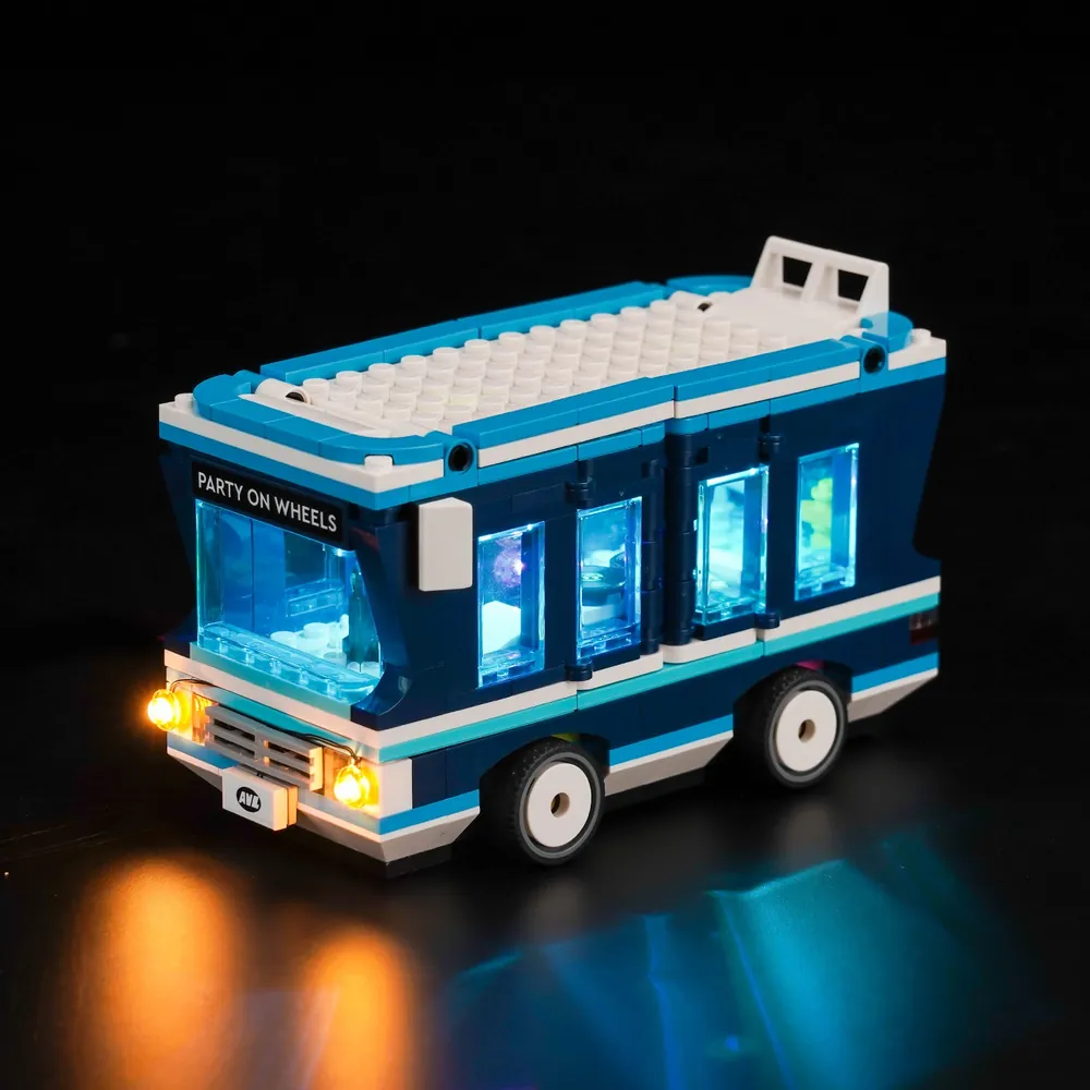 BrickBling light kit for LEGO Minions Music Party Bus 75581 showing lit party zone and bus exterior