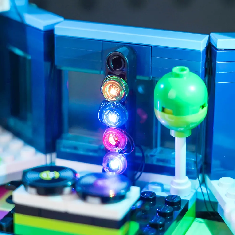 Close-up of BrickBling modular micro-LEDs on the LEGO Minions Music Party Bus interior