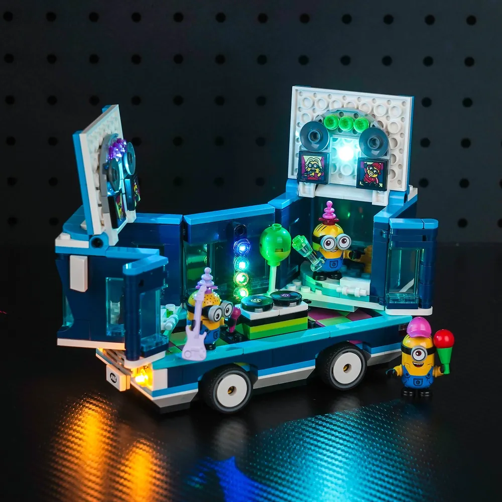 BrickBling light kit highlighting the neon glow on the LEGO Minions Music Party Bus exterior