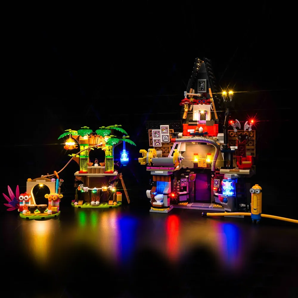 BrickBling LED light kit for LEGO 75583 illuminating Gru's mansion facade