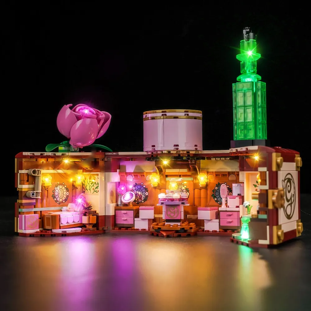 BrickBling LED kit lighting the mirror and spellbook in LEGO Wicked Dormitory 75683