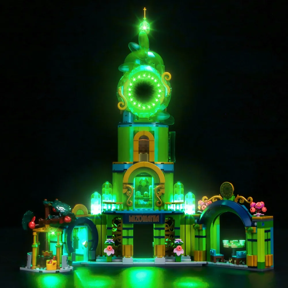 BrickBling LED kit for LEGO 75684 illuminating the tower and archways