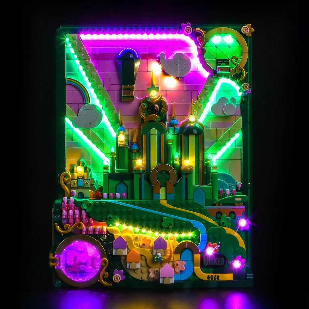BrickBling modular LED kit illuminating the LEGO Emerald City wall art with remote control