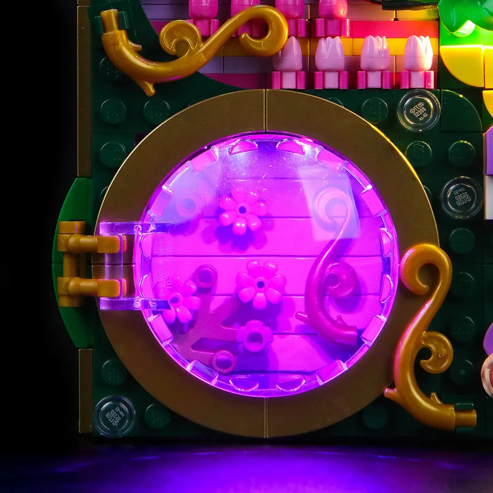 Close up of BrickBling micro-LEDs highlighting the Yellow Brick Road and castle details