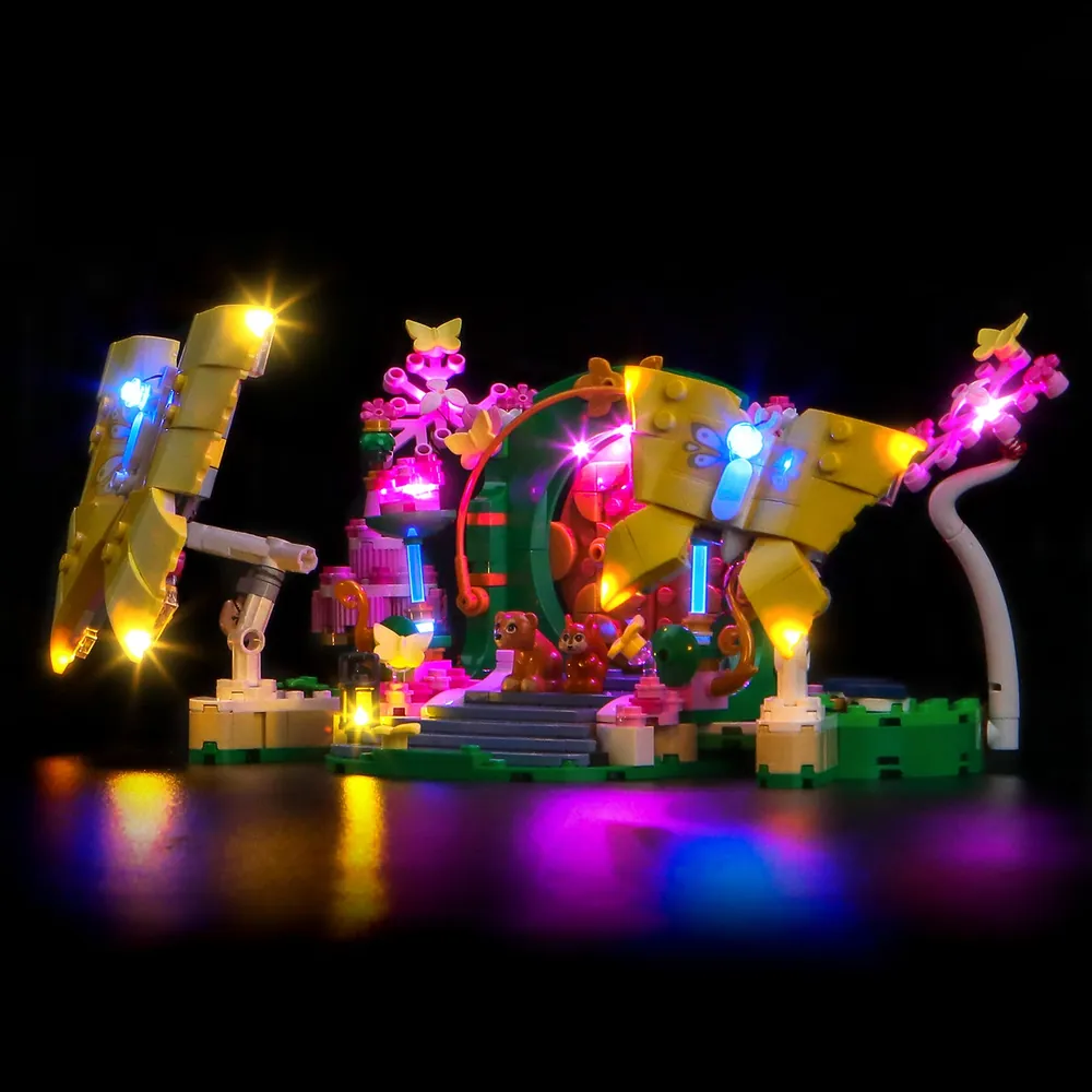 Display setup of LEGO 75688 with BrickBling lights on, showing the butterfly wings and pink accents