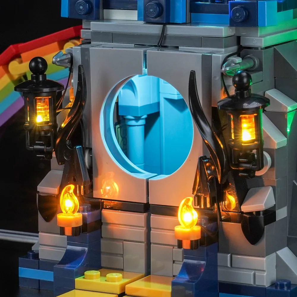 Close-up of BrickBling lighting harness threading through LEGO Emerald City's trans-green elements
