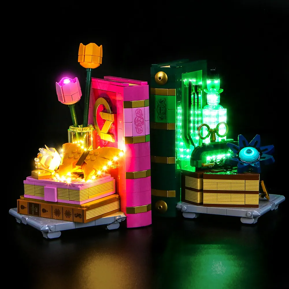 BrickBling LED kit for LEGO Glinda and Elphaba Bookends illuminating pink and green zones